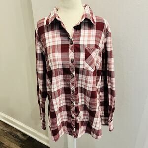Blue Mountain Women’s Red White Plaid Flannel Shirt XL Button Up (A0129)